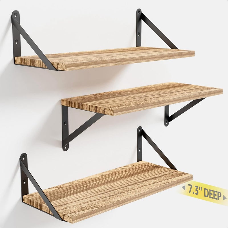 COCOYA Wall Shelves 7.3" Deep Set of 3, Solid Paulownia Wood Wider Longer Sturdy Easy to Install Wall Mounted Bookshelves Storage Shelves Bathroom Home Office Laundry Room Bedroom Organizer - Image 1